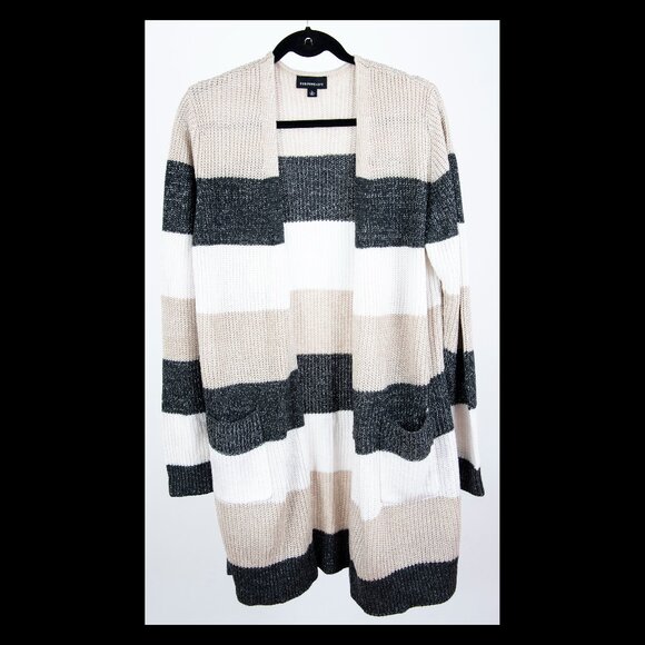 Fortune+Ivy Womens Beige Black White Stripe Long Open Cardigan Sweater XL EUC - Picture 1 of 2